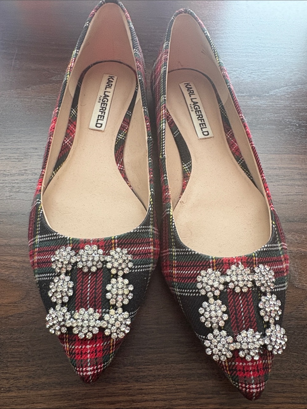 Karl Lagerfeld Red and Black Plaid Pointed Flats with Crystal Buckles